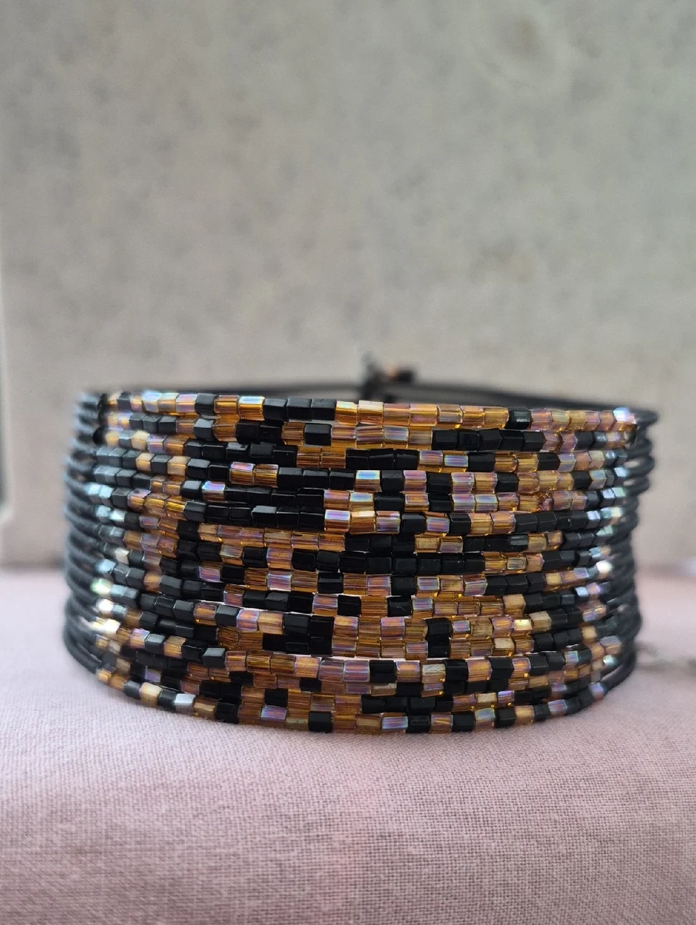 Twos Company Metallic Iridescent Brown Black Pink Seed Beaded Cuff Bracelet